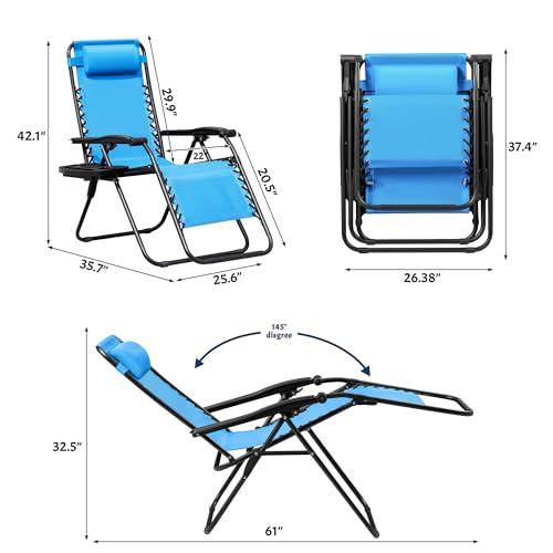 Greesum Zero Gravity Chairs Set of 2 Adjustable Steel Mesh Recliners Beach Deck Lawn Camping Patio Foldable Lounge Chair with Cup Holder Trays and Pillows,Brown