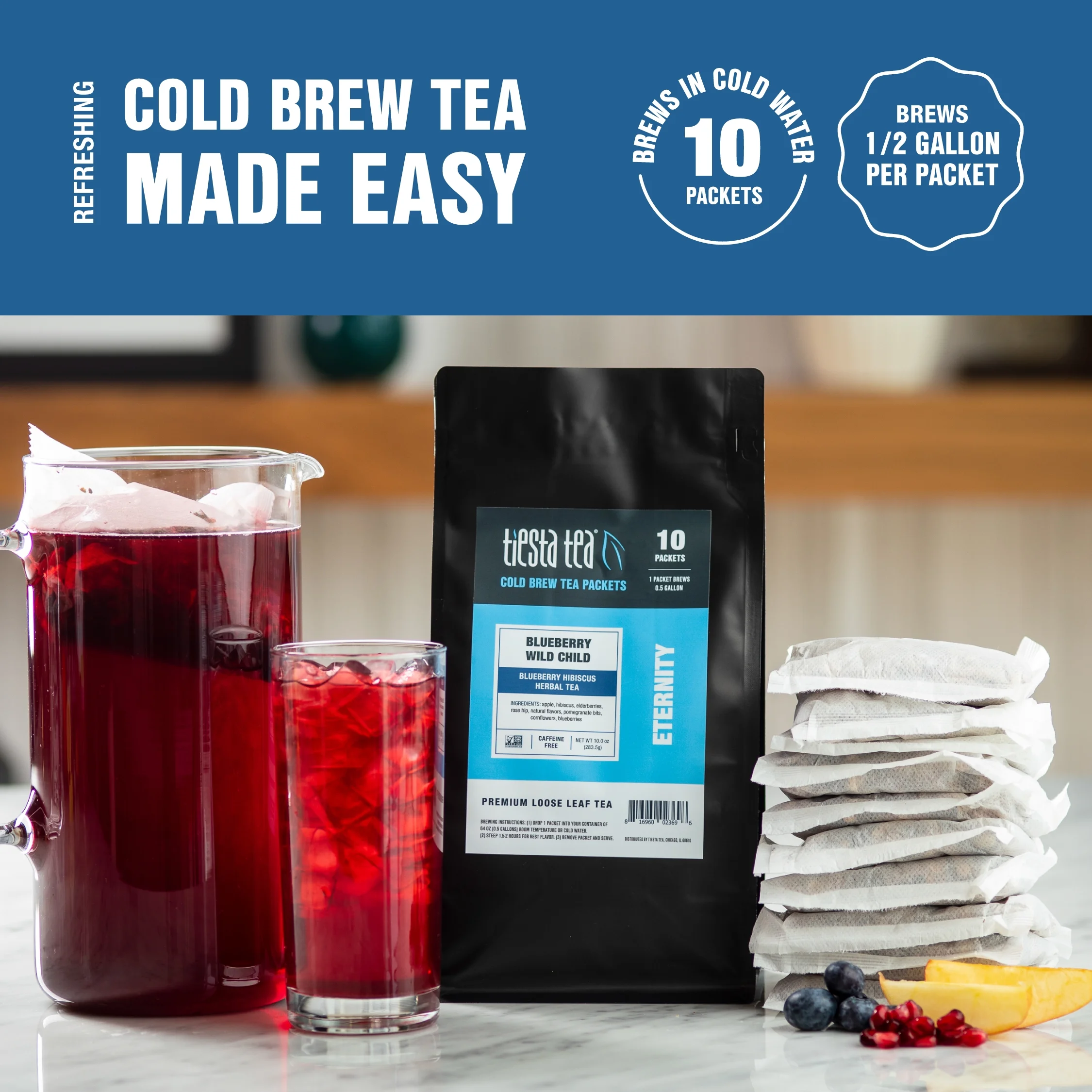 Tiesta Tea - Blueberry Wild Child Cold Brew, Blueberry Hibiscus Herbal Tea, Loose Leaf Iced Tea Blend, Non Caffeinated Iced Tea, 10 Cold Brew Tea Packets - Brews 1 Family-Sized Pitcher Each