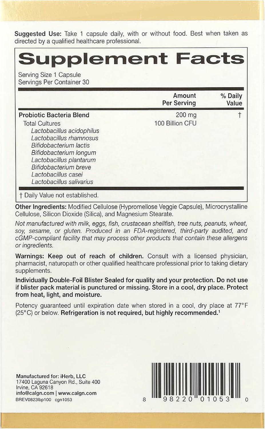 LactoBif Probiotics, 100 Bllion CFU, 8 Active & Clinically Researched Probiotic Strains, Soy-Free, Sugar-Free, Vegetarian, Individually Double-foil Blister Sealed, 30 Veggie Capsules