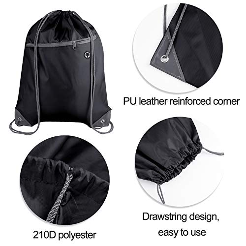 KUUQA 12Pcs Drawstring Backpack Bags Bulk with Zipper Pocket and Headphone Hole（Black）