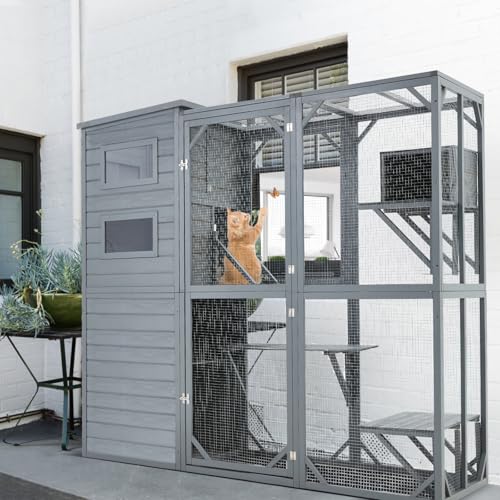 Mdeam Large Catio Outdoor Cat Enclosure, 4 Tiers Indoor Cat House for Multiple Cats with Weatherproof Roof, 4 Resting Rooms, 4 Platforms, 5 Windows, 70