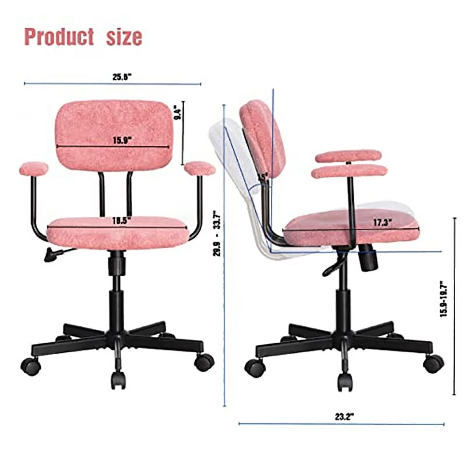 JJS Low Back Velvet Fabric Home Office Computer Chair with Armrest in Pink