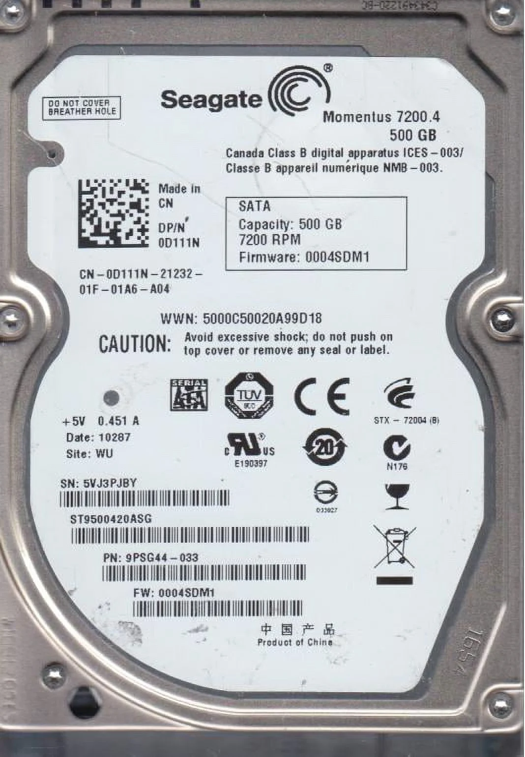 ST9500420ASG, 5VJ, WU, PN 9PSG44-033, FW 0004SDM1, Seagate 500GB SATA 2.5 Hard Drive