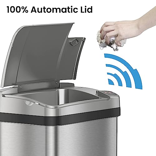 13 Gallon Trash Can Kitchen Garbage Can with AC Adapter and Odor Filter, Stainless Steel Home Office Home Office Work Bedroom Living Room Garage Trashcan Wastebasket Slim Lage Capacity