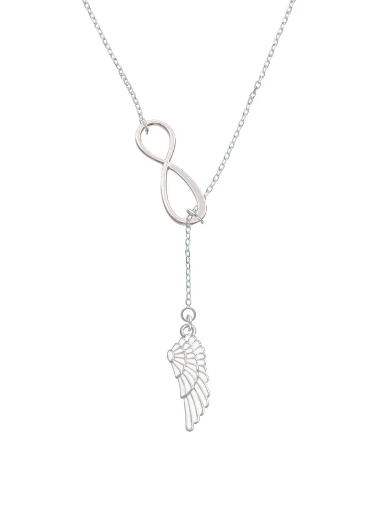 Delight Jewelry Silvertone Large White Enamel Angel Wing Silver tone Elegant Infinity Lariat Necklace