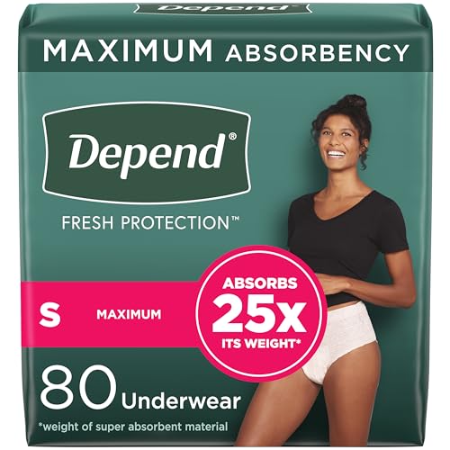 Depend Fresh Protection Adult Incontinence & Postpartum Bladder Leak Underwear for Women, Disposable, Maximum, Small, Blush, 80 Count (2 Packs of 40), Packaging May Vary