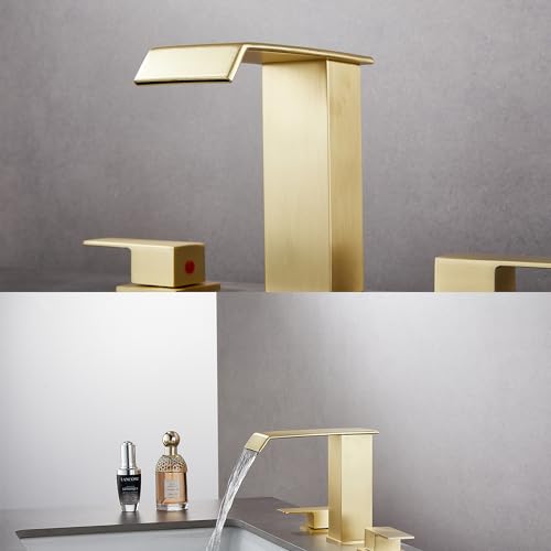 White Gold Faucet Bathroom Vessel Sink Golden Waterfall Spout Faucet Single Handle Bowl Sink Faucet Modern Single Hole Basin Vanity Tall Bathroom Sink Faucet with Pop Up Drain Stopper Supply Hose