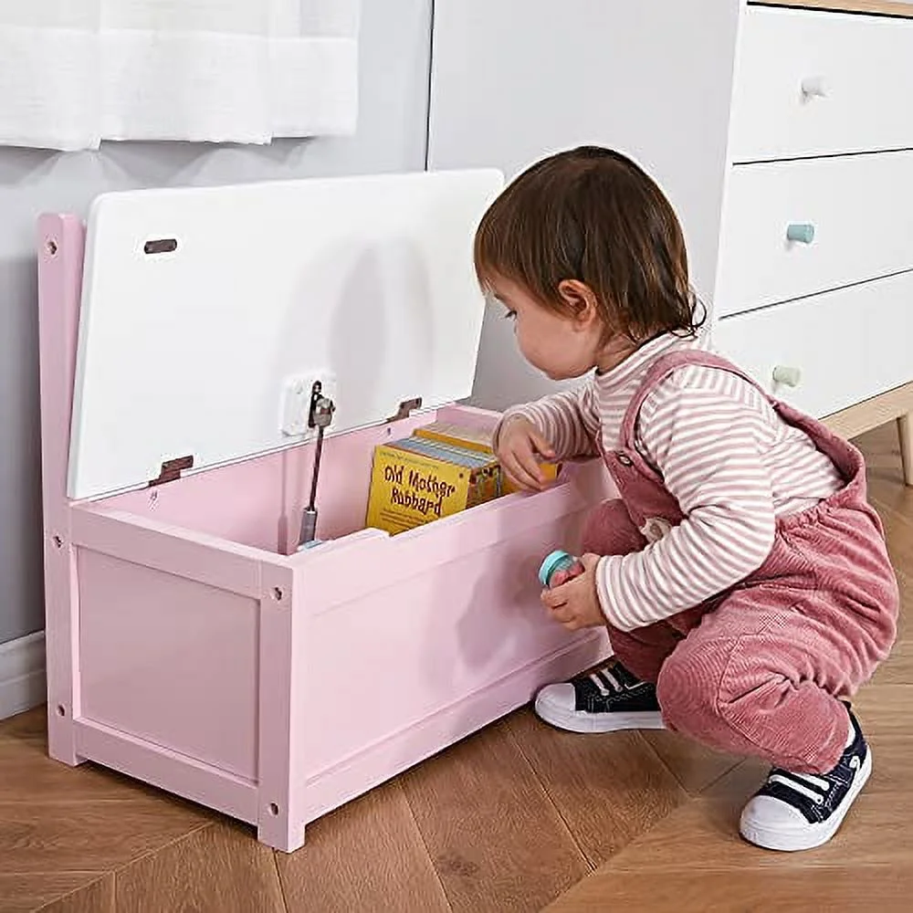 Wooden Toy Organizer Chest Storage Box With Seat Bench Cabinet Chunk Cube With Safety Pneumatic Rod