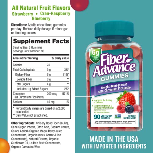 Fiber Advance Weight Management Gummies | 100% Plant Based Fiber for Digestive Wellness and Gut Health | Chromium Picolinate for Weight Management Support, 90 Count