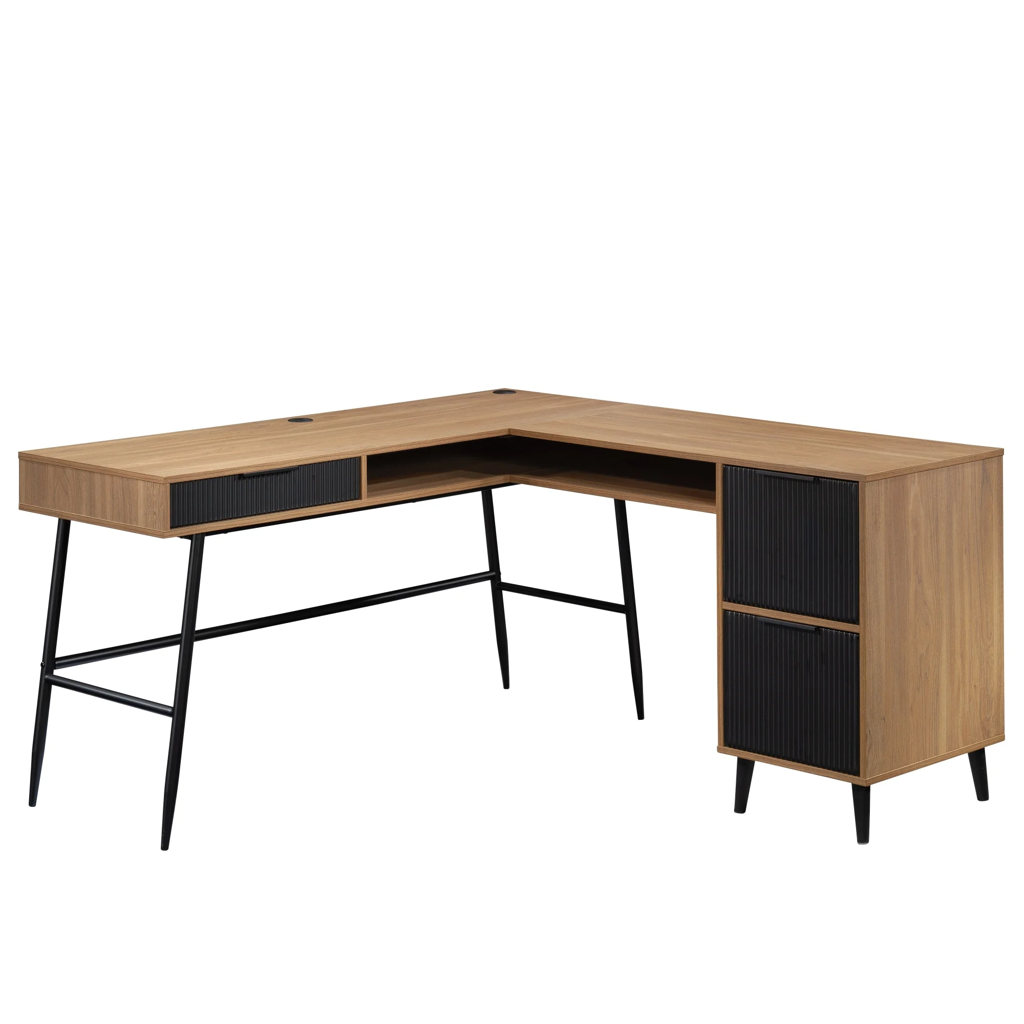 Sauder Ambleside Engineered Wood/Metal L-Desk in Serene Walnut