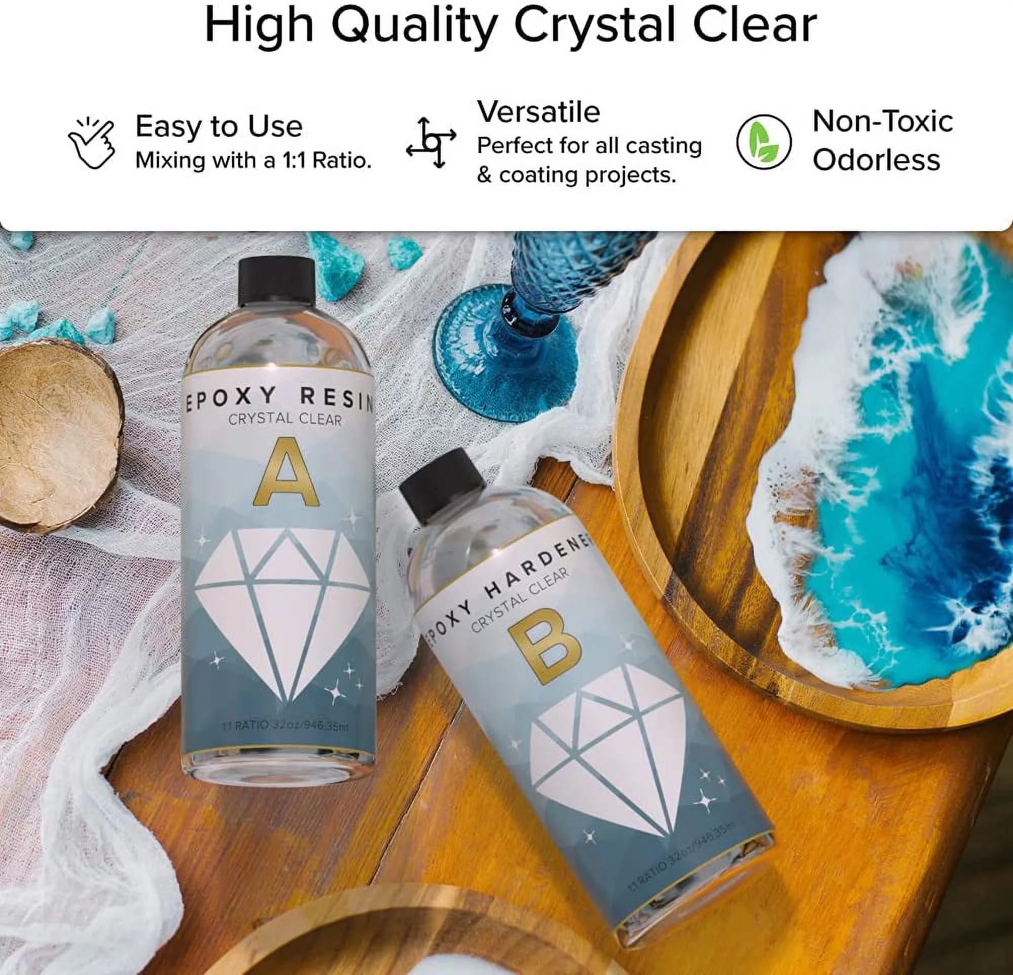 64 oz Epoxy Resin Kit by GenCrafts - Crystal Clear and Perfect for Silicone Molds, Jewelry Art, Coating, Tumblers, and More - for use with Additives Like Glitter, Mica Powder, and Liquid Pigment