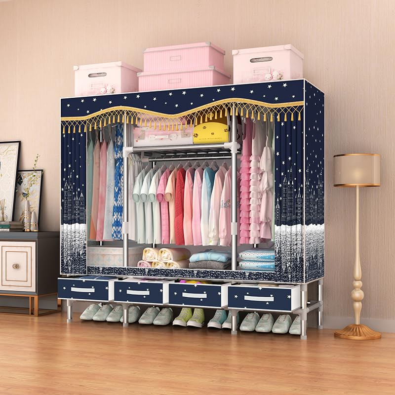 Heavy Duty Portable Wardrobe Closet with Drawers Steel Frame 25MM Steel Pipes Portable Clothes Storage Organizer Multi-Tier Shelves Dustproof Fabric Cover Hanging Rack Storage Organizer (6.56ft, Pink)