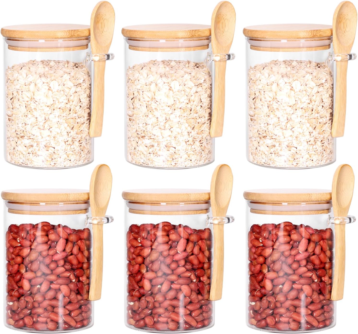 Glass Containers with Bamboo Lids and Wooden Spoons, 17 OZ Overnight Oat Jars with Lids and Spoons, Overnight Oats Containers with Scoop for Seasoning, Coffee, Yogurt (6 Pack)