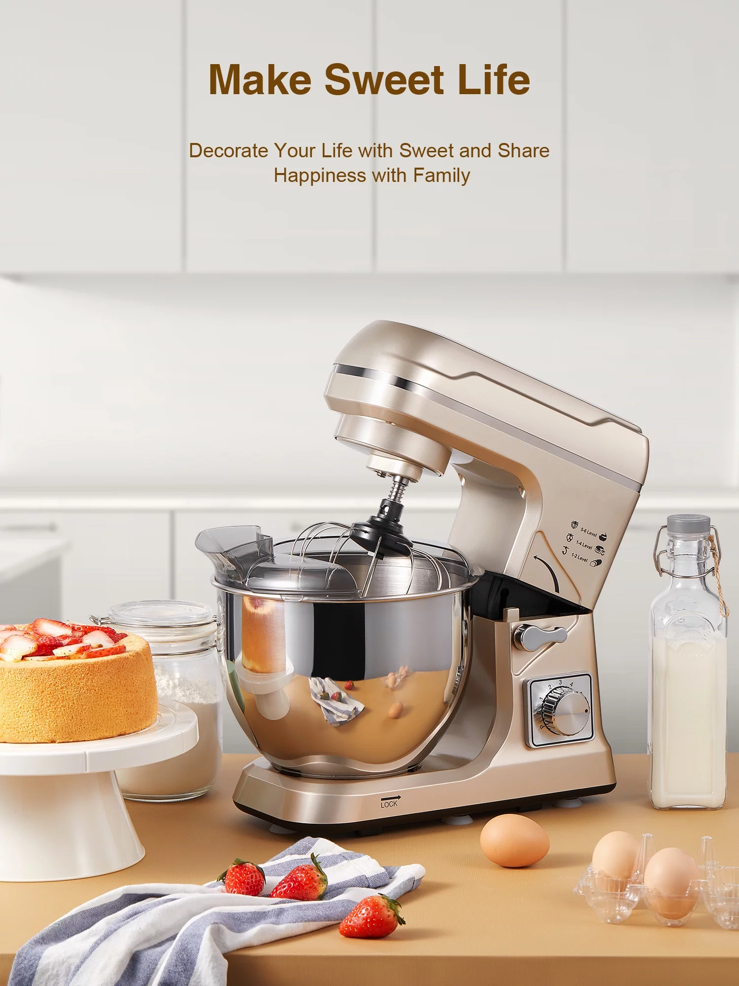 Kealive 5.5QT Tilt-Head Stand Mixer, 6+P Mess-free Kitchen Electric Mixer with Dough Hook, Whisk & Beater, Gold