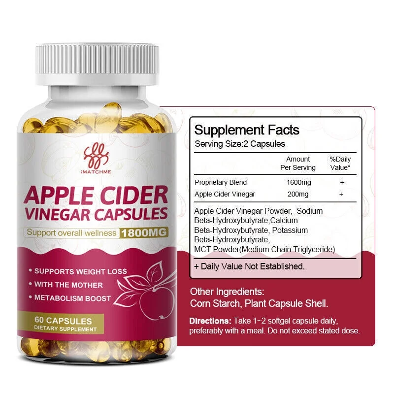 Apple Cider Vinegar Capsules 1800mg with The Mother Weight Loss,Fat Burner 60 Count