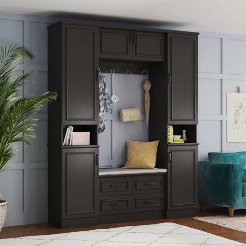 Homsee 78.7”H Hall Tree with 4 Double Coat Racks and Cushioned Bench, Modern Entryway Storage Organizer Cabinet with 6 Doors, 4 Drawers and Adjustable Shelves, Black