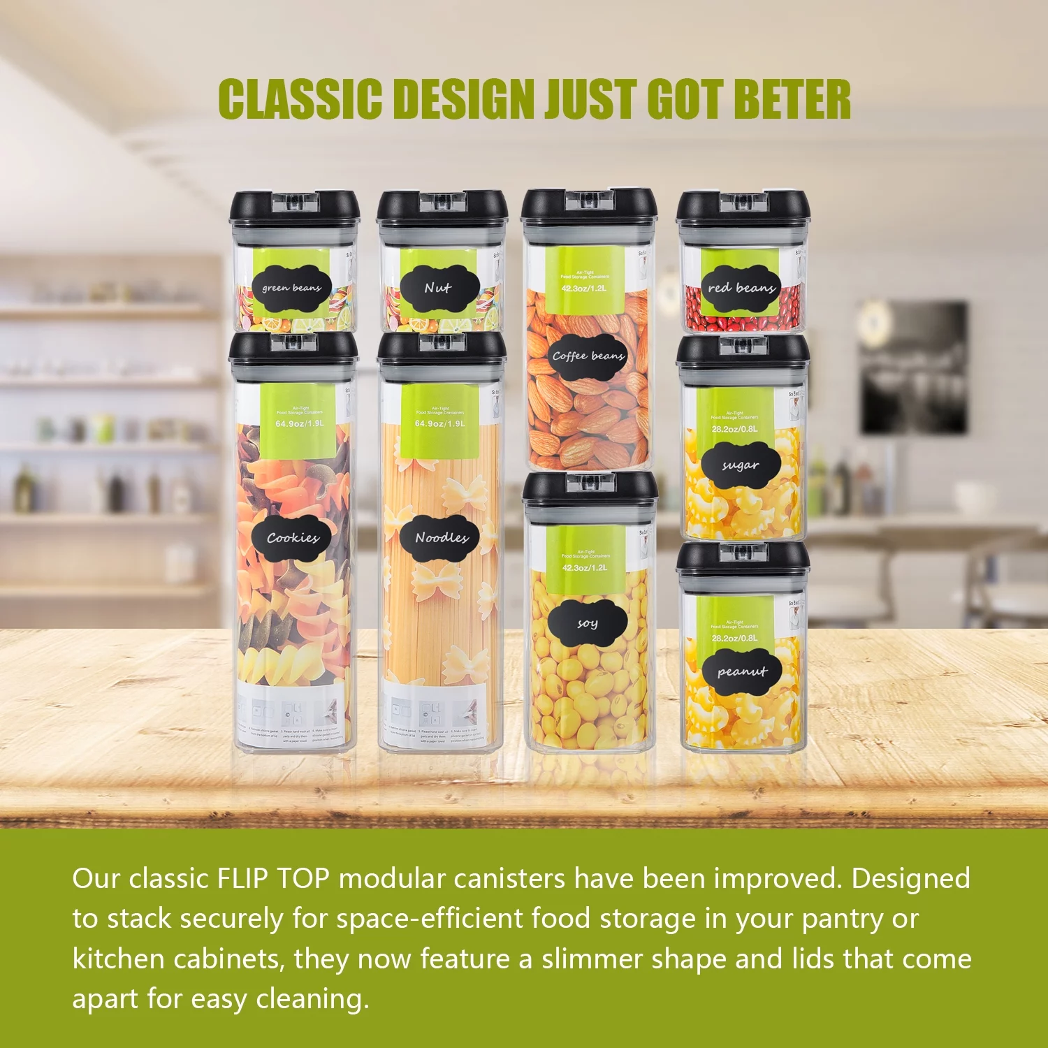 Loyalheartdy 9Pcs Airtight Food Container Set Clear Plastic Organizer Seal Jar for Storage Cereals Nuts Spaghetti w/Black Lid