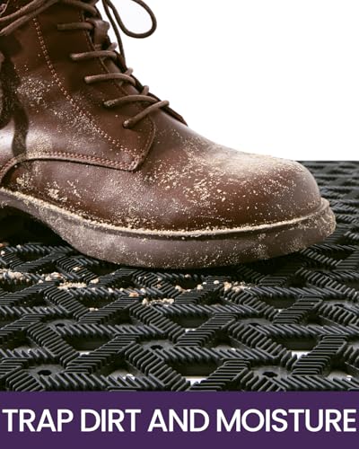 DEXI Front Door Mat Outside Entrance, 19x30 Welcome Rubber Doormat Waterproof, Drainage Heavy Duty Entry Mats with Non Slip Backing, Low Profile Dirt Trapper for Patio Entryway, Grey