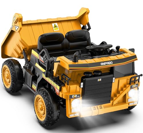 ANPABO Ride on Dump Truck, 12V Ride on Car with Remote Control, Electric Dump Bed and Extra Shovel, Ride on Construction Vehicle with Music Player, Key Start for Safety, Ideal Gift for Kids