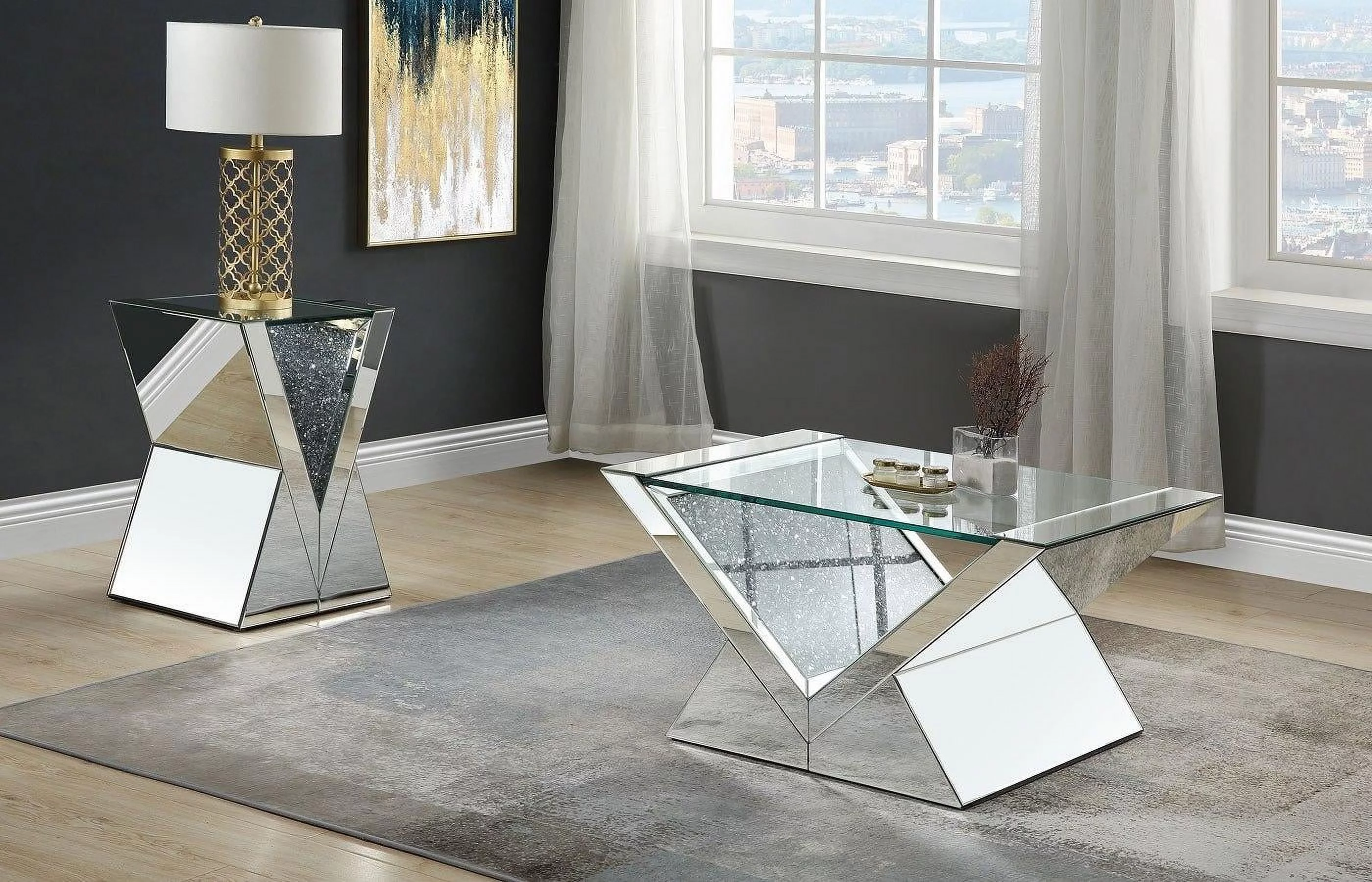 Mirrored & Faux Diamonds Coffee Table + 2 End Tables by Acme Noralie 84725-3pcs