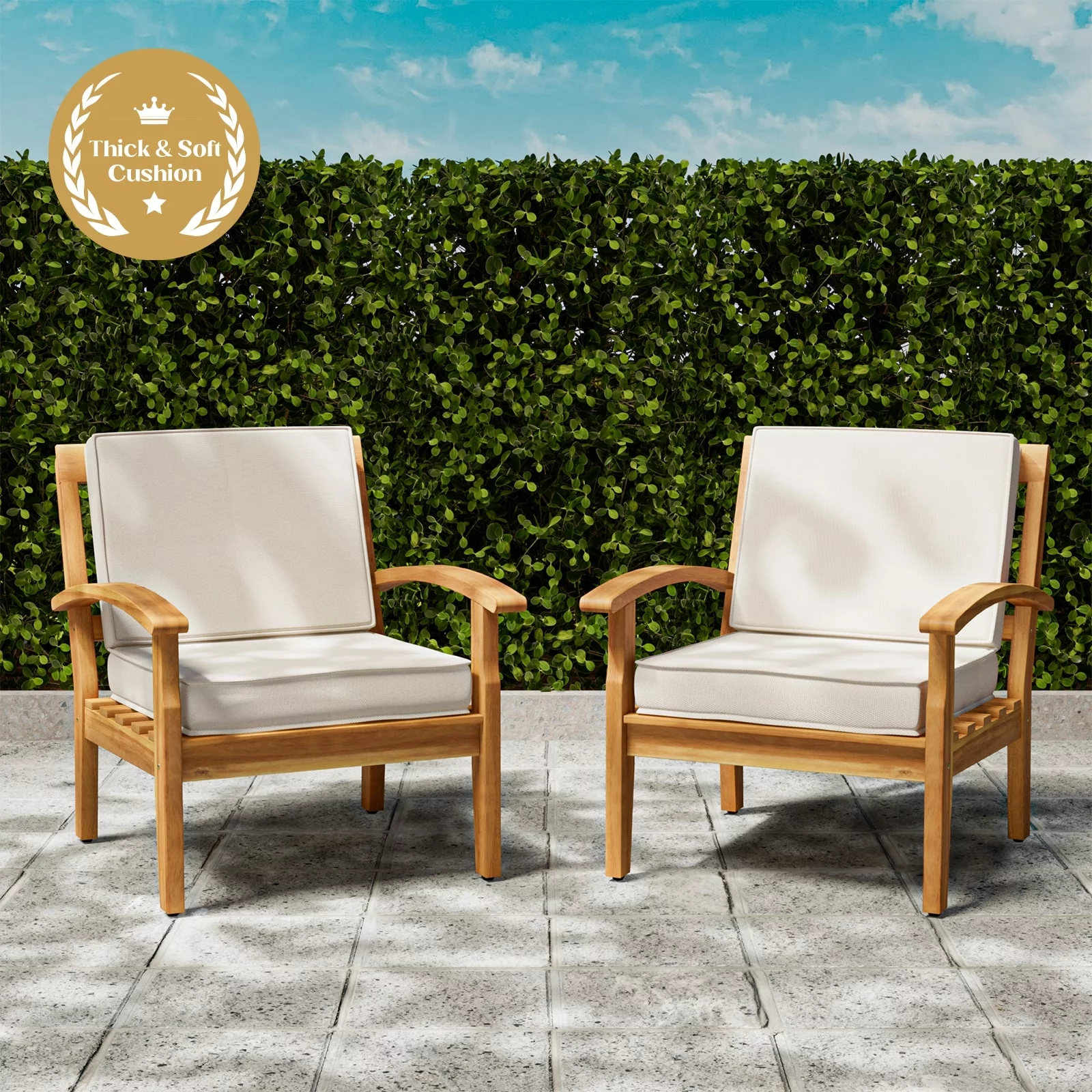 AILE Premium Acacia Patio Wood Club Chairs Set of 2, Teak Finish Furniture Sets with Thick Cushion