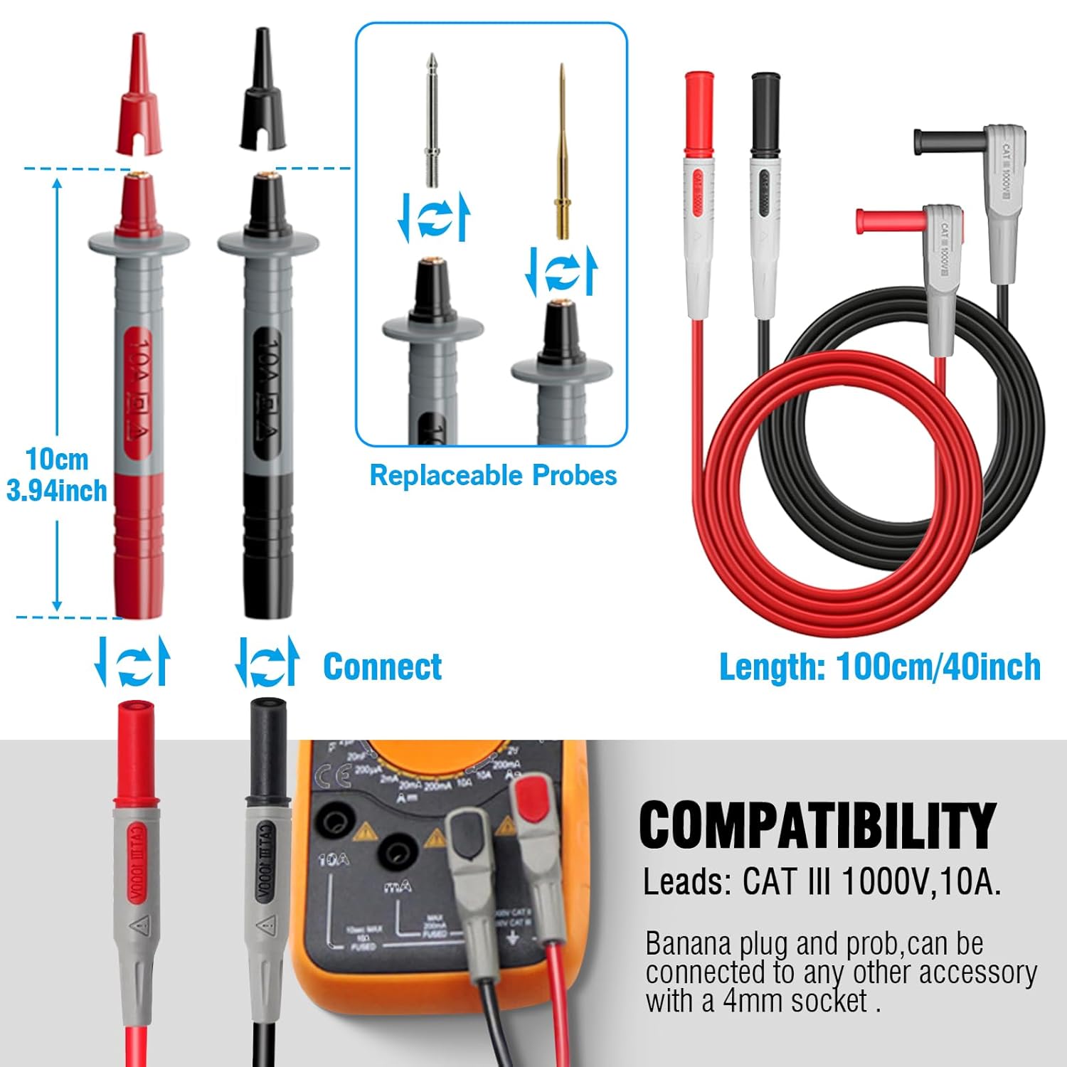 Multimeter Test Lead Kit, 24pcs Professional Electrical Multitester Test Leads Set with Multimeter Tip Probes, Alligator Clips, Replaceable Volt Clamp,Test Hook Clips,Spade Plug,Banana Plug
