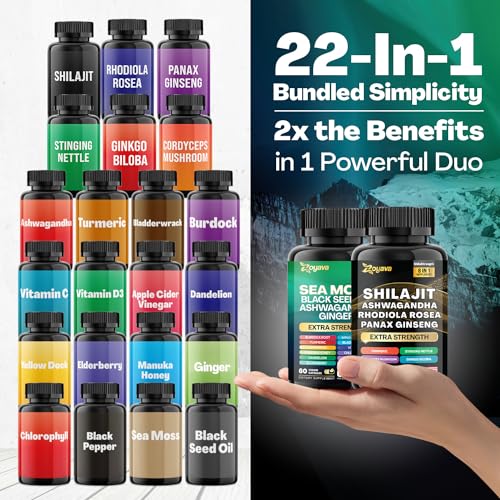 Zoyava Dynamic Vitality Bundle, Sea Moss and Shilajit Bundle, Sea Moss 7000mg, Black Seed Oil 4000mg, Ashwagandha 2000mg, Ginger & Shilajit 9000mg, Rhodiola Rosea 1000mg, Panax Ginseng (2 Pack)