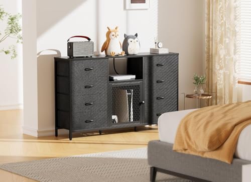 Black Dresser for Bedroom, 55 inch TV Stand with Charging Station & LED Lights, 8 Fabric Drawers with Solid Wood Top for Living Room, Closet