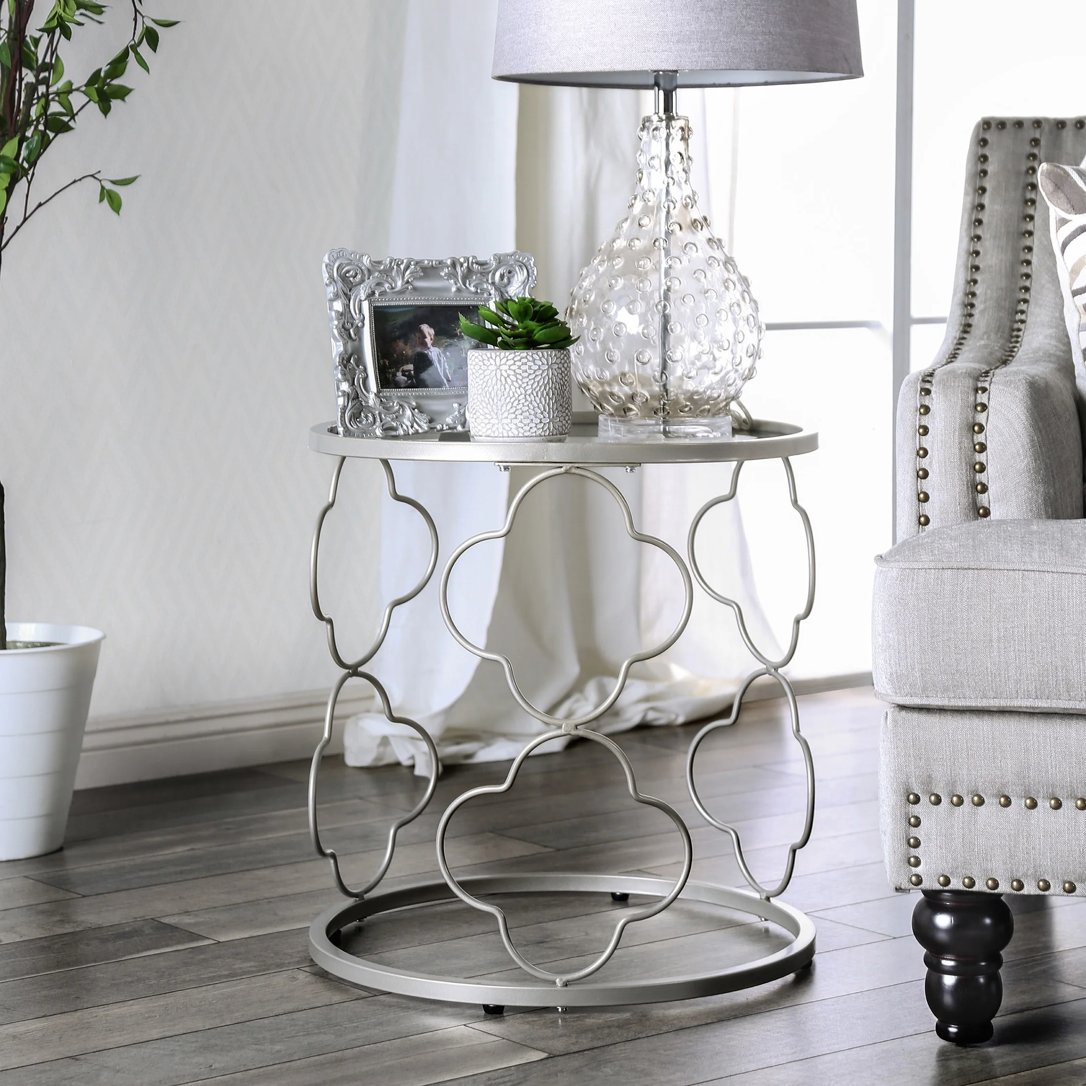 Furniture of America Nelli Glass Top End Table, Champagne