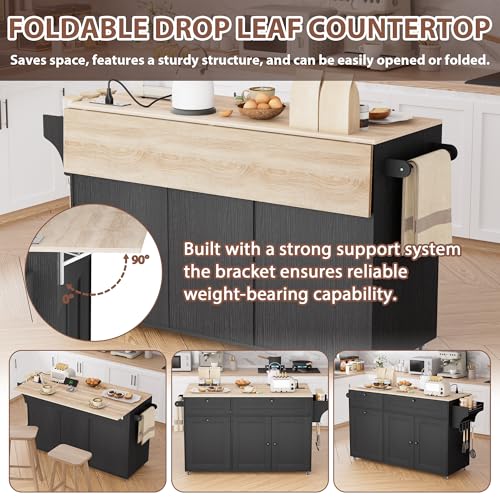 Rolling Kitchen Island on Wheels, Kitchen Islands Cart with Trash Can Storage Cabinet, Portable Island Table with Power Outlet, Drop Leaf, Spice Rack, and Drawers, Black
