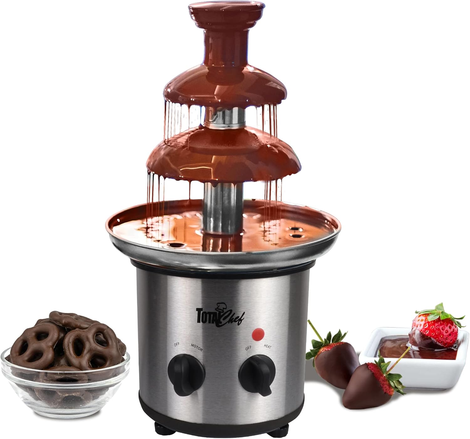 Total Chef 3 Tier Electric Chocolate Fondue Fountain Machine Stainless Still Huge 1.5 Lbs Adjustable Temperature Ideal For Birthday Party Buffet Family Gathering Dip Strawberries Apple Wedges and More