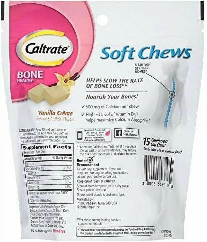 5 Pack - Caltrate Calcium - Vitamin D Soft Chews Vanilla Creme 60 Each
