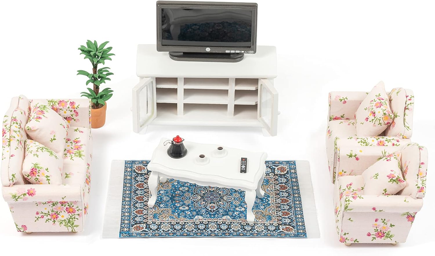 SAMCAMI Wooden Dollhouse Furniture Set - 1 12 Scale Miniature Dollhouse Living Room Set (16 Pieces), Couch, TV Cabinet, Coffee Table and Other Dollhouse Accessories (White)