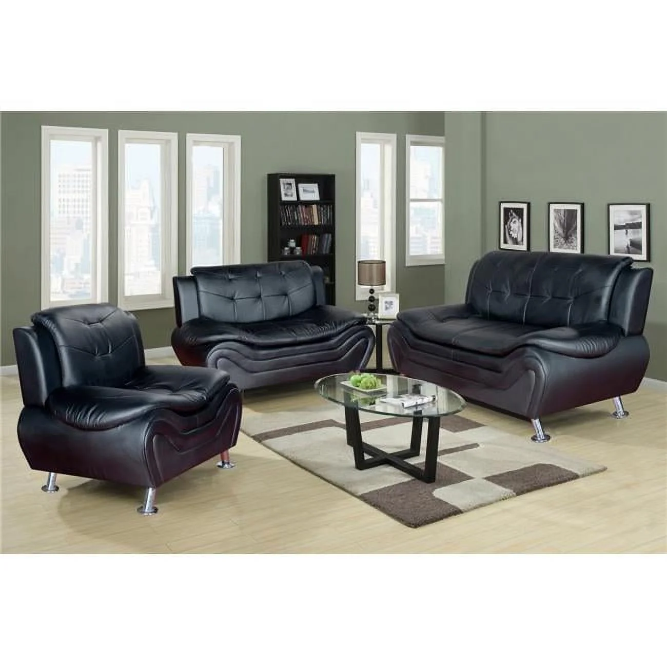Aldo Living Room Sofa Set - Faux Leather, Black - 3 Piece