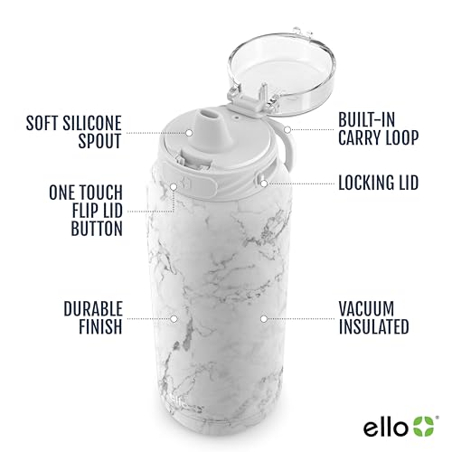 Ello Cooper 32oz Stainless Steel Water Bottle with Straw and Carry Handle, Double Walled and Vacuum Insulated Metal, Leak Proof Locking Lid with Soft Silicone Spout, Reusable, BPA Free, Yucca