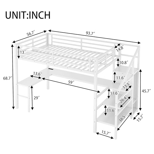 Ball & Cast Full Size Loft Bed with L-Shaped Desk,Led Light and USB Port, Metal Loft Bed Frame with Storage Stairs,Wardrobe & Full-Length Guardrails for Kids, Teens Adults,Space-Saving,White