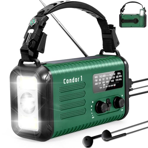 Emergency Weather Radio (Condor 1) NOAA/AM/FM with 74000mWh Portable Power Bank, USB-C/Solar/Hand Crank Charging, SOS Alarm, Flashlight, Reading Lamp & Survival Handle Kit for Indoor/Outdoor Emergency