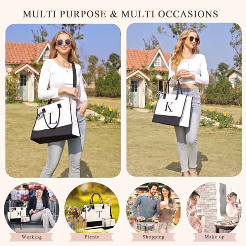 BeeGreen Mother's Day Gifts Personalized Women's Large White and Black Canvas Tote Bag, Embroidered Initials, Leather Handle, Zipper Closure