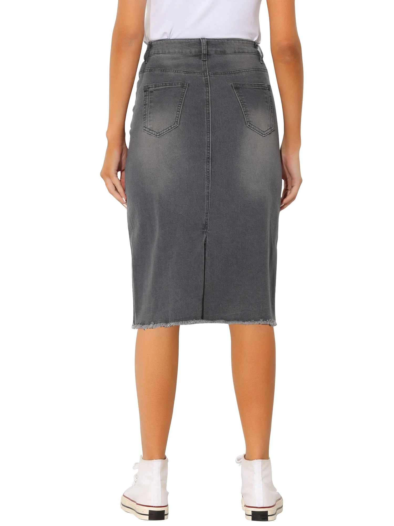 Allegra K Women's Solid High Waist Back Vent Knee Length Denim Skirt