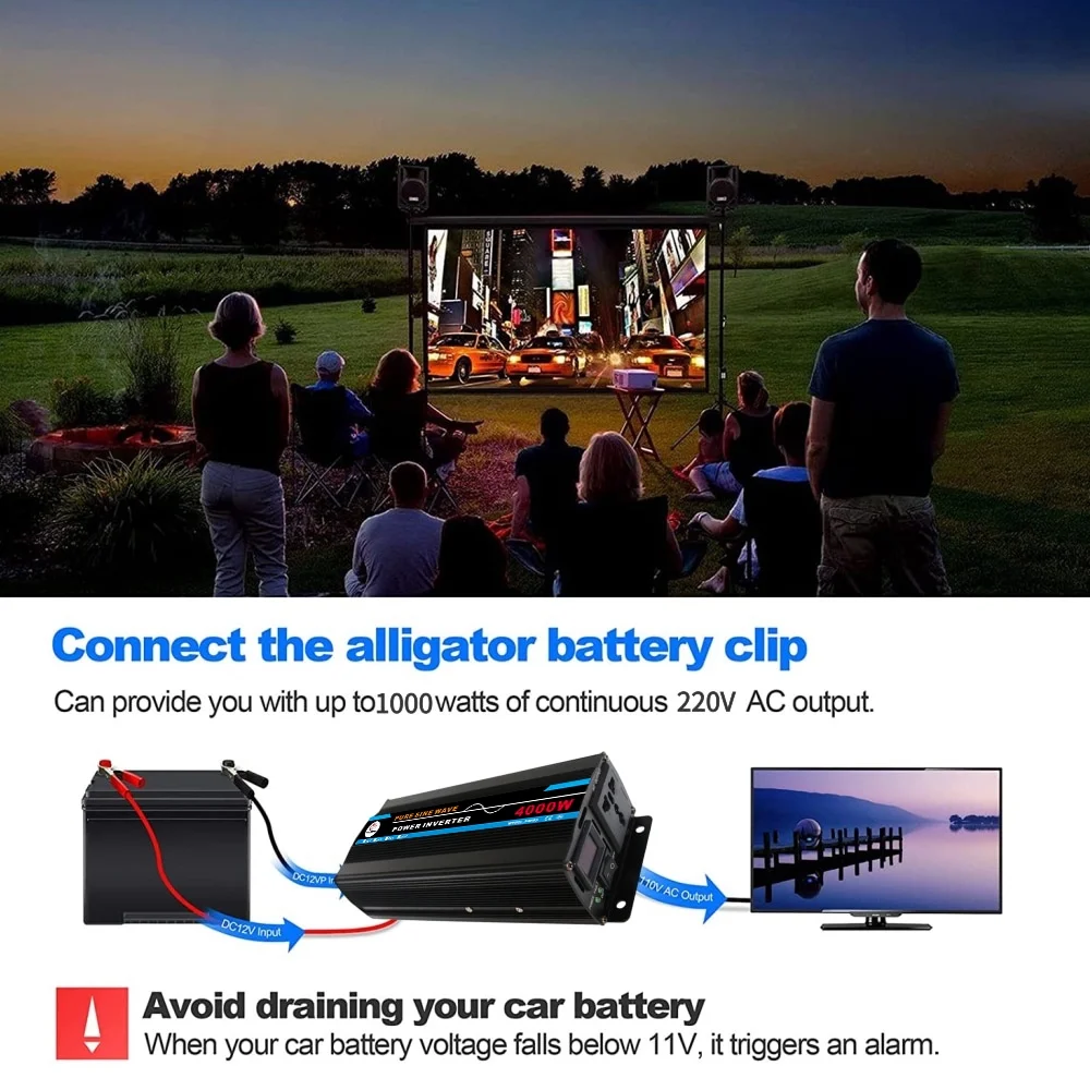 Pure Sine Wave Inverter, 4000W Power Inverter DC12V to AC 120V Car RV Converter Charger Adapter