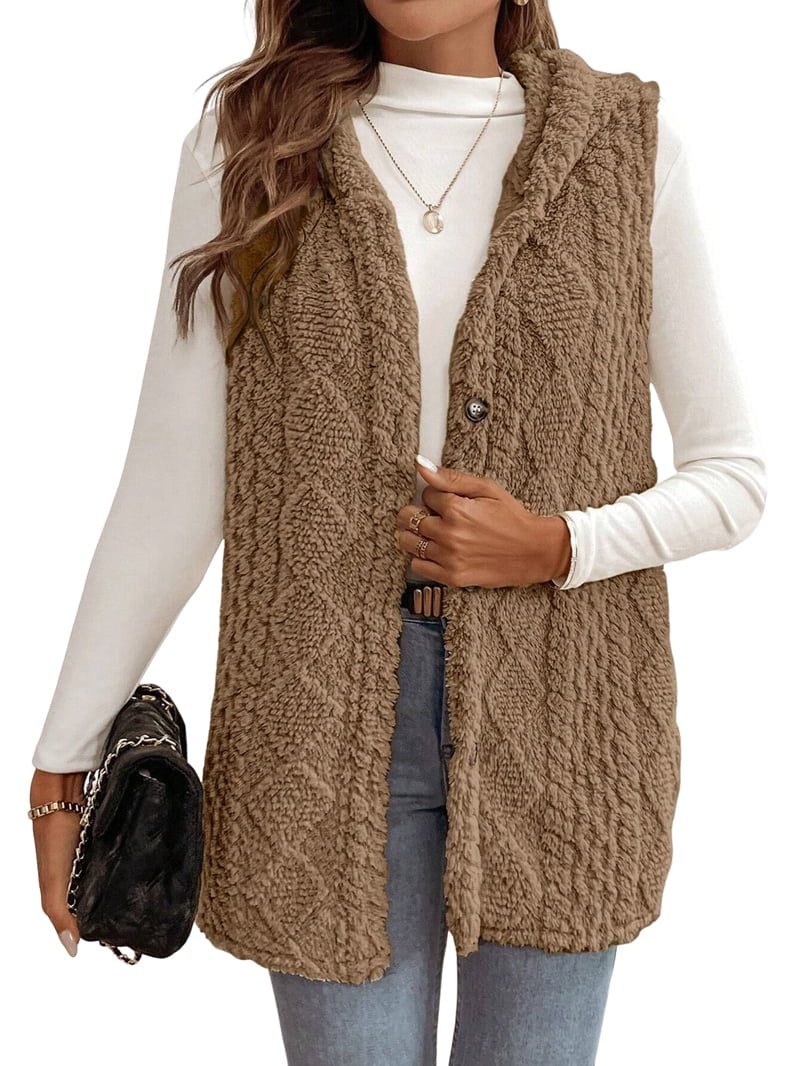 Women's Oversized Fleece Vest Hooded Cardigan, Double Sided Wear, Thick Warm Button Front Jacket for Fall Winter Brown XL