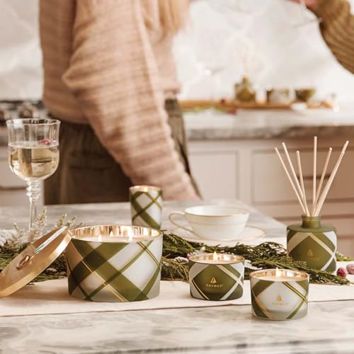 Thymes Frasier Fir Candle – Frosted Plaid Jar Candles – Green & White Candle Jar Design – Scented Candles with Notes of Siberian Fir, Cedarwood & Sandalwood – Holiday Candles (6.5 oz)