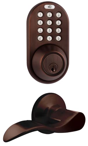 MiLocks XFL-02AQ Digital Deadbolt Door Lock and Passage Lever Handle Combo with Keyless Entry via Remote Control and Keypad Code for Exterior Doors, Antique Brass