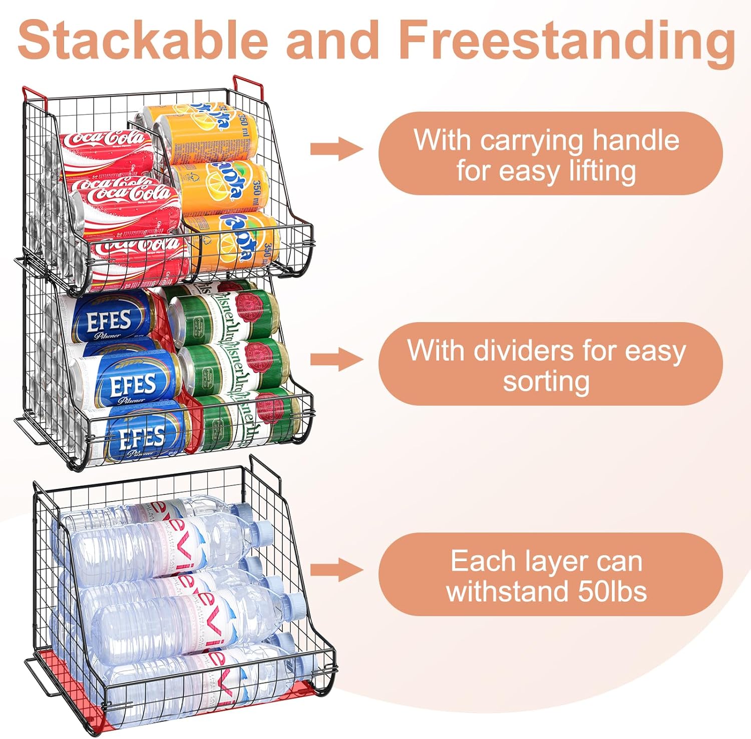 Stacking Can Dispensers 3 Tier with 3 Divider, Large Pantry Can Organizer, Standing Water Bottle Holder, Beverage Drink Pop Soda Can Storage Basket, Canned Food Rack Wire Bins for Kitchen Cabinet