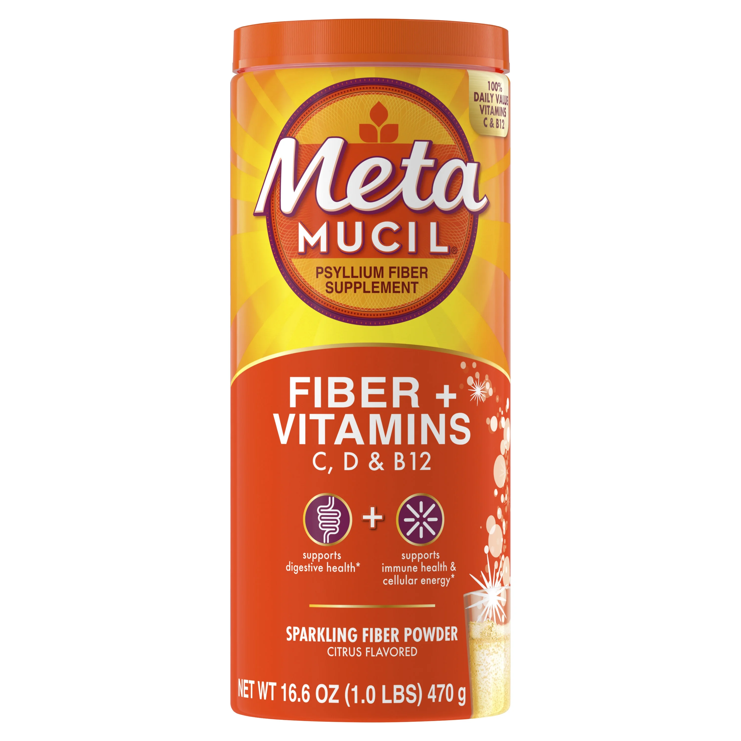 Metamucil Daily Fiber Supplement with Vitamins C, D & B12, Sparkling Fiber, Citrus, 50 Servings