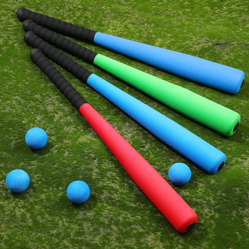 Wettarn 4 Pcs Foam Baseball Bat 24 Inches Foam Bat with Safe Soft Baseballs T Ball Set for Outdoor Indoor Sport Game Beginners Practice Playing Training(Red, Yellow, Blue, Green)