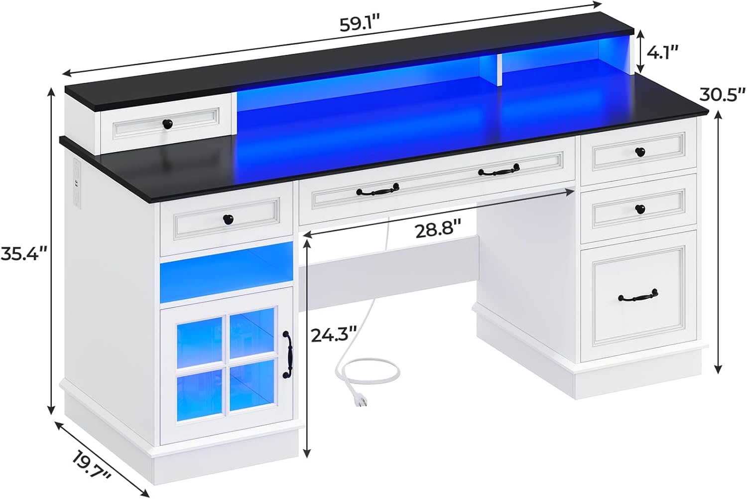 Executive Desk, Computer Desk with Drawers & Storage Cabinet, Home Office Desk with File Drawer & Monitor Stand, Writing Desk with Charging Station & LED Lights, White