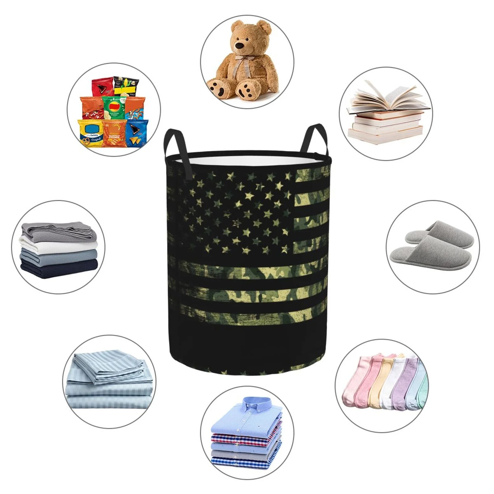 Fotbe Laundry Hamper With Durable Leather Laundry Basket American Flag Camo Thickened Waterproof Round Collapsible Laundry Hamper, Dirty Clothes Laundry Basket