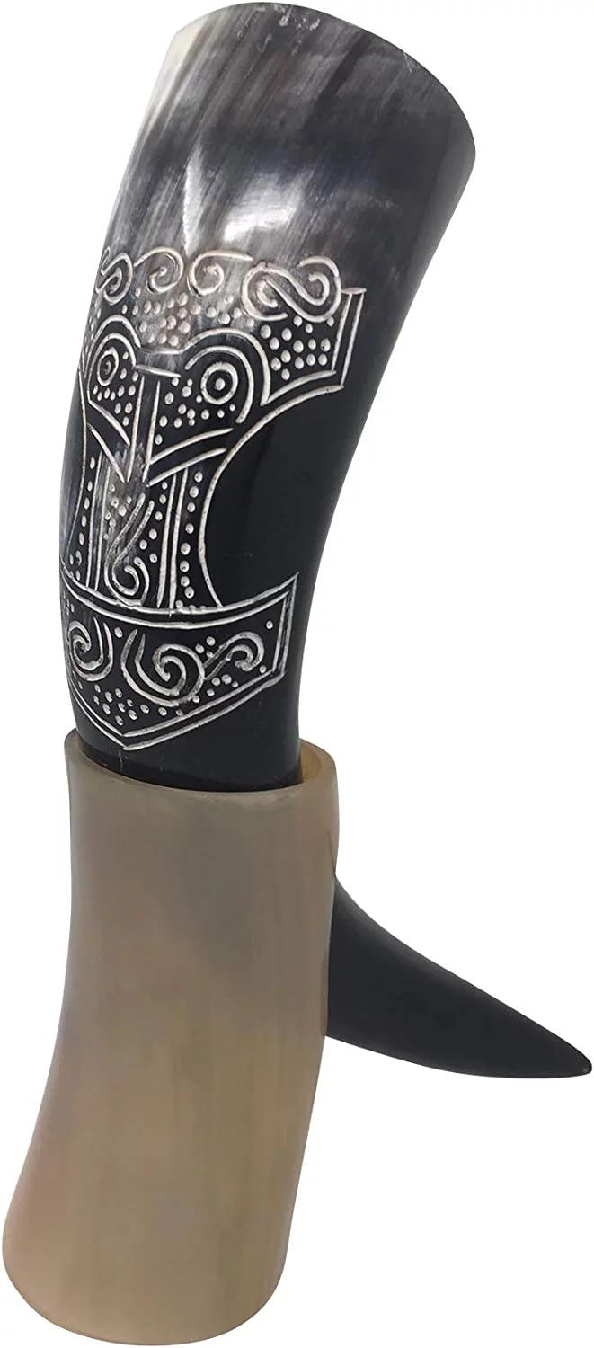 Vintage Ox Large Viking Drinking Horn with Crafted Stand - Real Handcrafted Antique Like Collection Horn Cup for Wine, Mead, Ale and Beer -Ancient Medieval Whiskey Cup Horn Mug (ZEBRA BLACK)