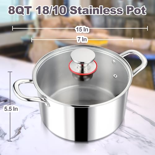 LIANYU 12QT 18/10 Stainless Steel Stock Pot with Lid, Large Soup Pot, Big Cookware, 12 Quart Canning Pasta Pot with Measuring Mark, Tall Cooking Pot, Induction Pot for Boiling Strew Simmer